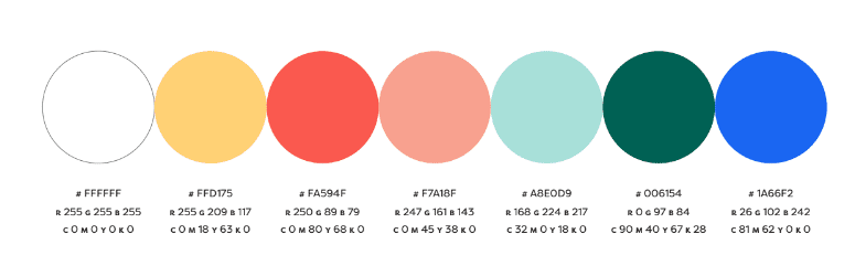 Identidade visual vai além de uma logomarca! Na imagem, está a paleta de cores do ICO Project, com amarelo, vermelho, verde e azul em tons pastéis. 