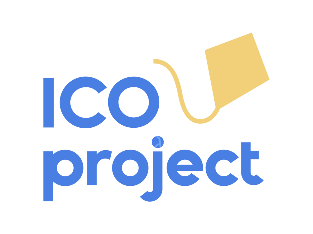 Identidade visual vai além de uma logomarca! Na imagem, está a logo do ICO Project. As palavras são em azul e, ao lado, está o símbolo de uma pipa em amarelo. 