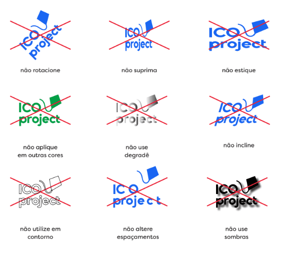 Exemplo de manual da marca, que mostra como a logo não deve ser usada, com alterações como inclinação, uso de sombras, espaçamentos, contorno, etc
