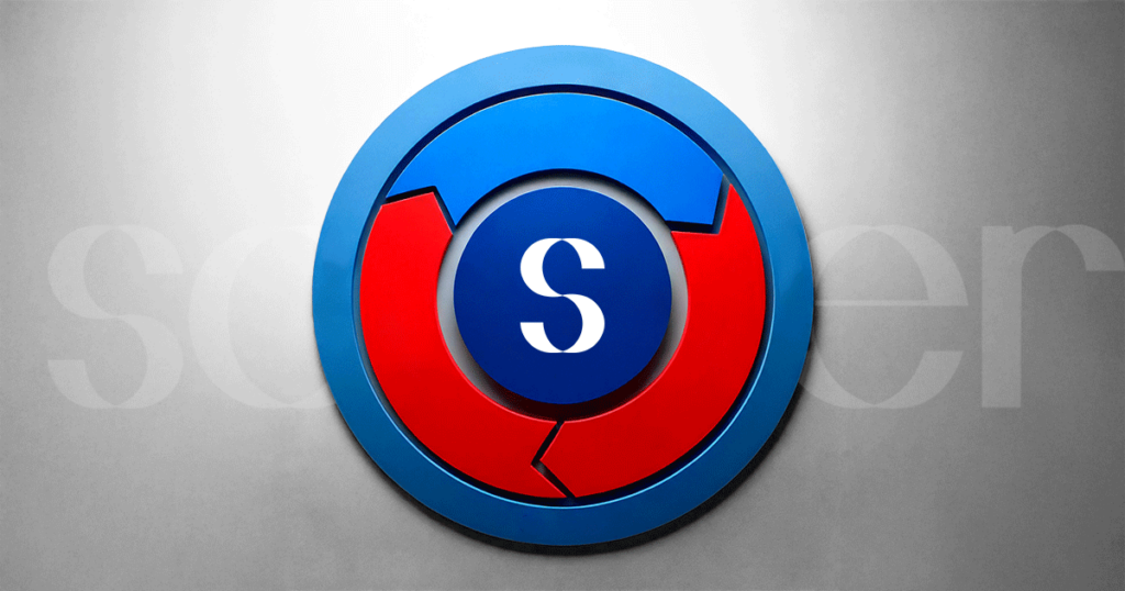 imagem representativa de uma flywheel em vermelho e azul, com o S de Agência Sonder no meio