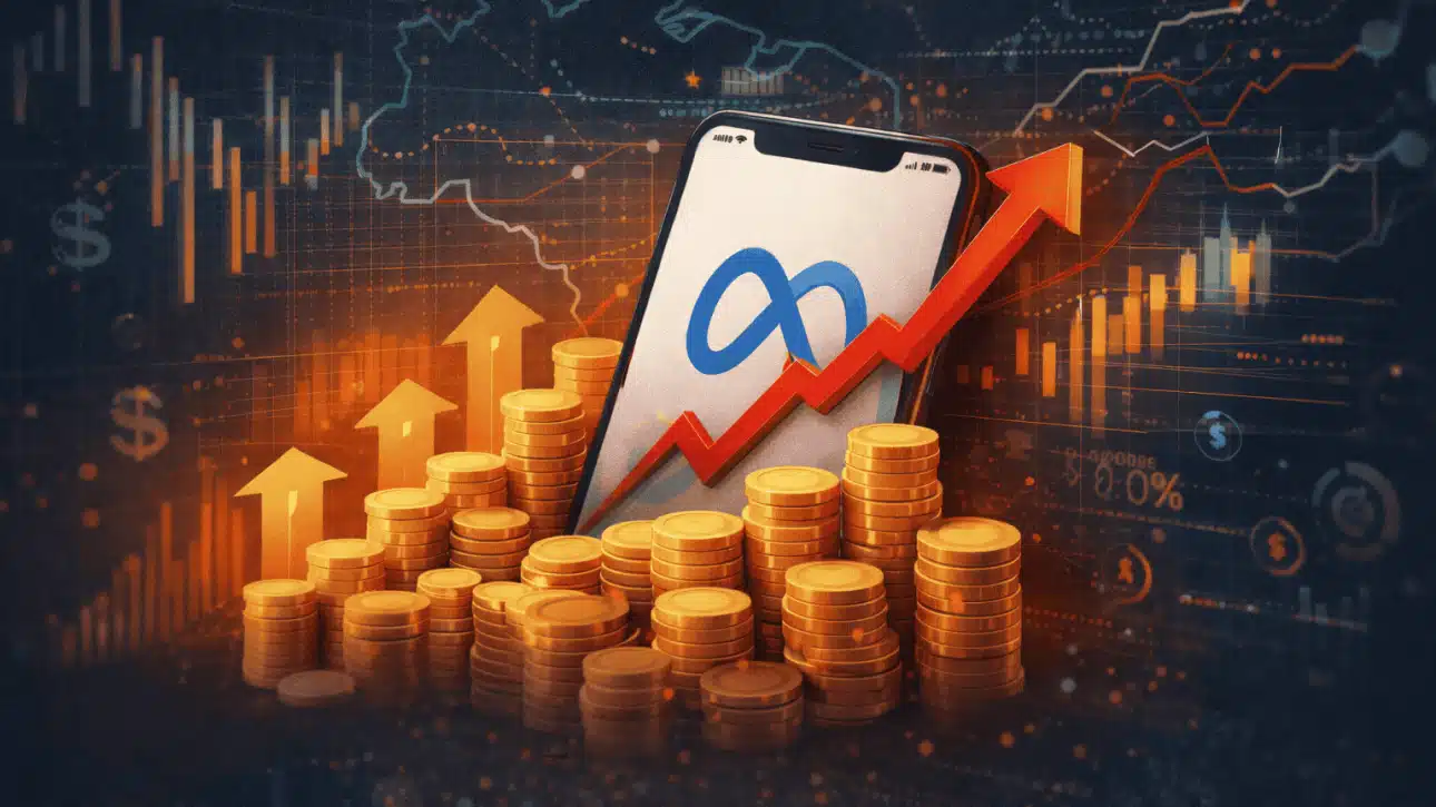 Smartphone exibindo logo da Meta cercado por moedas e gráficos de alta, simbolizando aumento do Meta Ads.