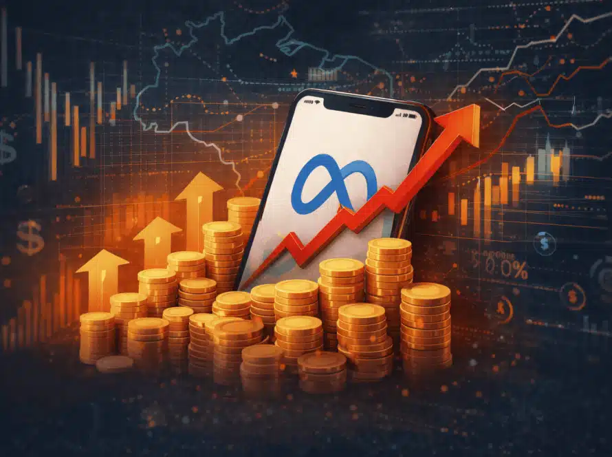 Smartphone exibindo logo da Meta cercado por moedas e gráficos de alta, simbolizando aumento do Meta Ads.