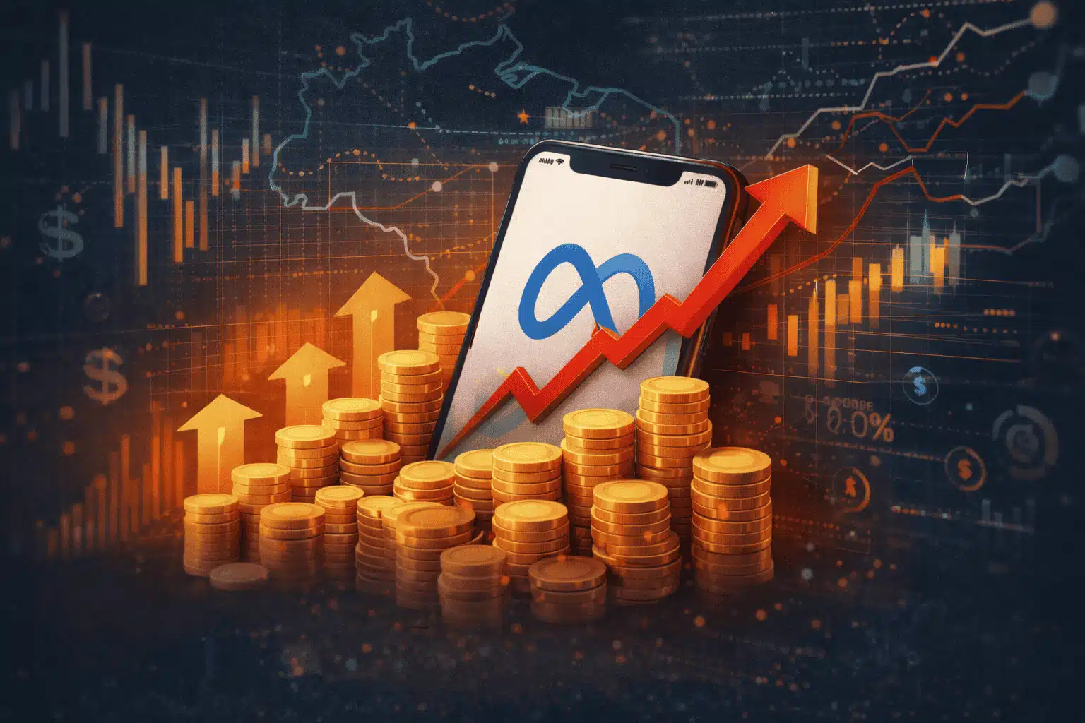 Smartphone exibindo logo da Meta cercado por moedas e gráficos de alta, simbolizando aumento do Meta Ads.