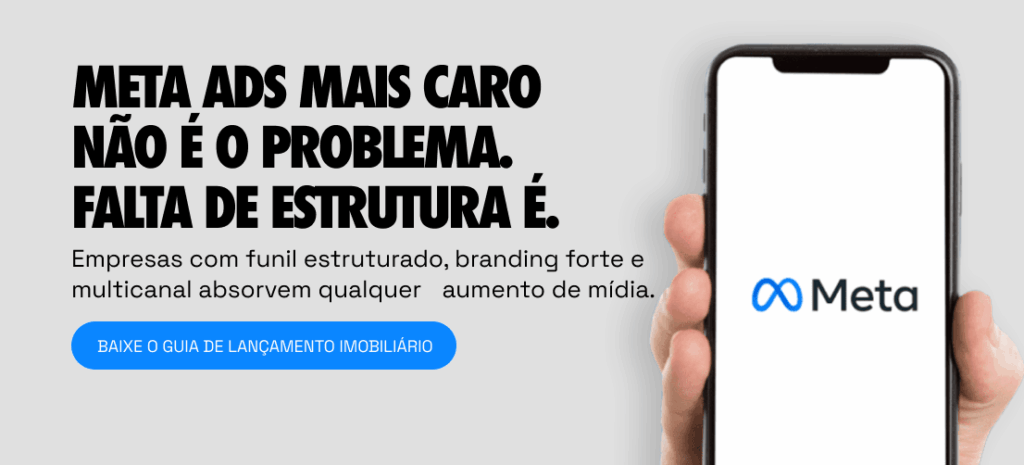 Banner com mão segurando celular exibindo logo da Meta e texto dizendo que aumento anúncio Meta não é o problema, mas sim a falta de estrutura de marketing