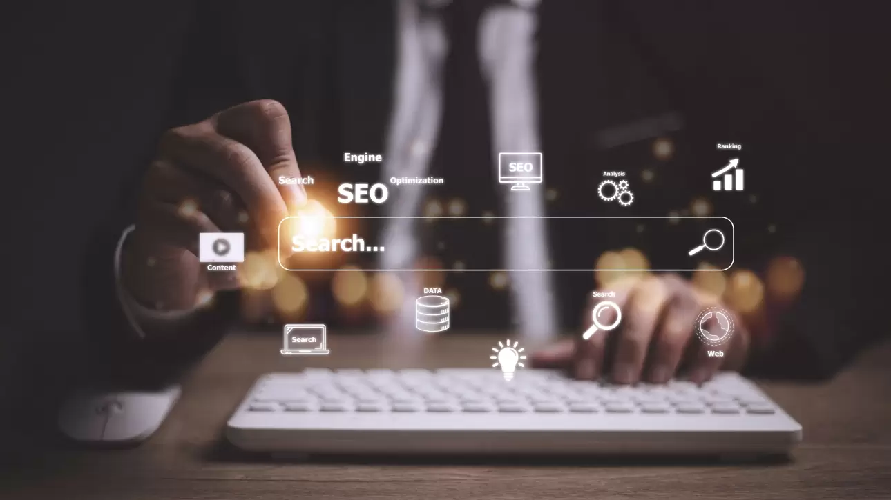 Interface de busca com elementos de SEO e análise de dados, representando estratégias de GEO para otimização de conteúdo em mecanismos de busca.