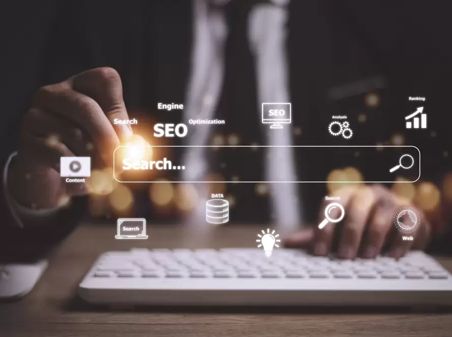 Interface de busca com elementos de SEO e análise de dados, representando estratégias de GEO para otimização de conteúdo em mecanismos de busca.