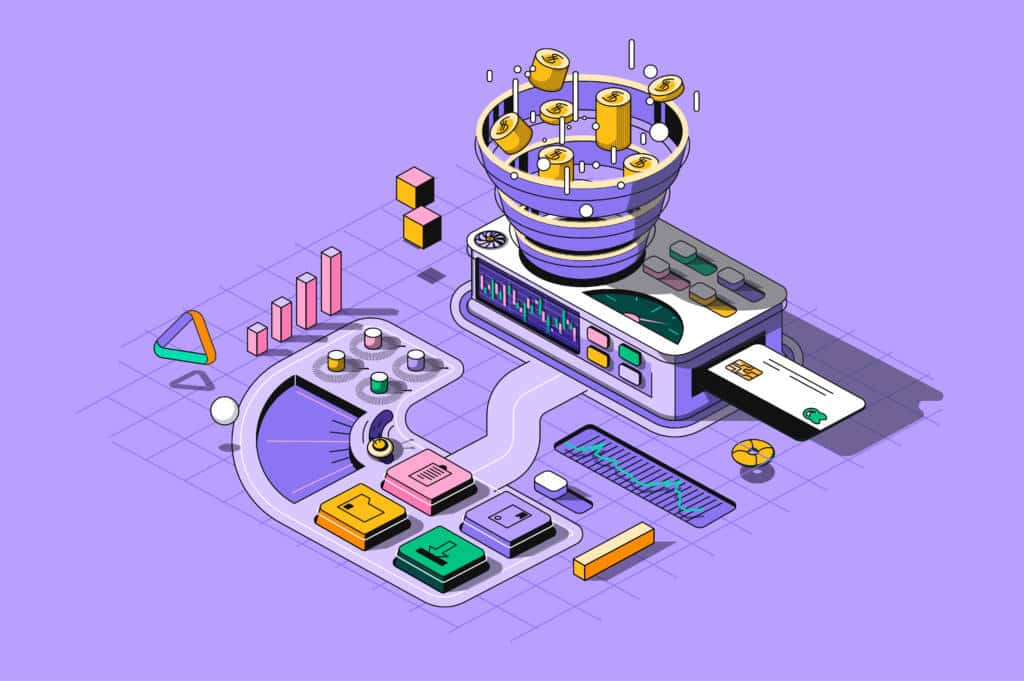 Ilustração de funil de marketing com moedas caindo, gráficos e painel de controle representando estratégias e desempenho em lançamentos imobiliários