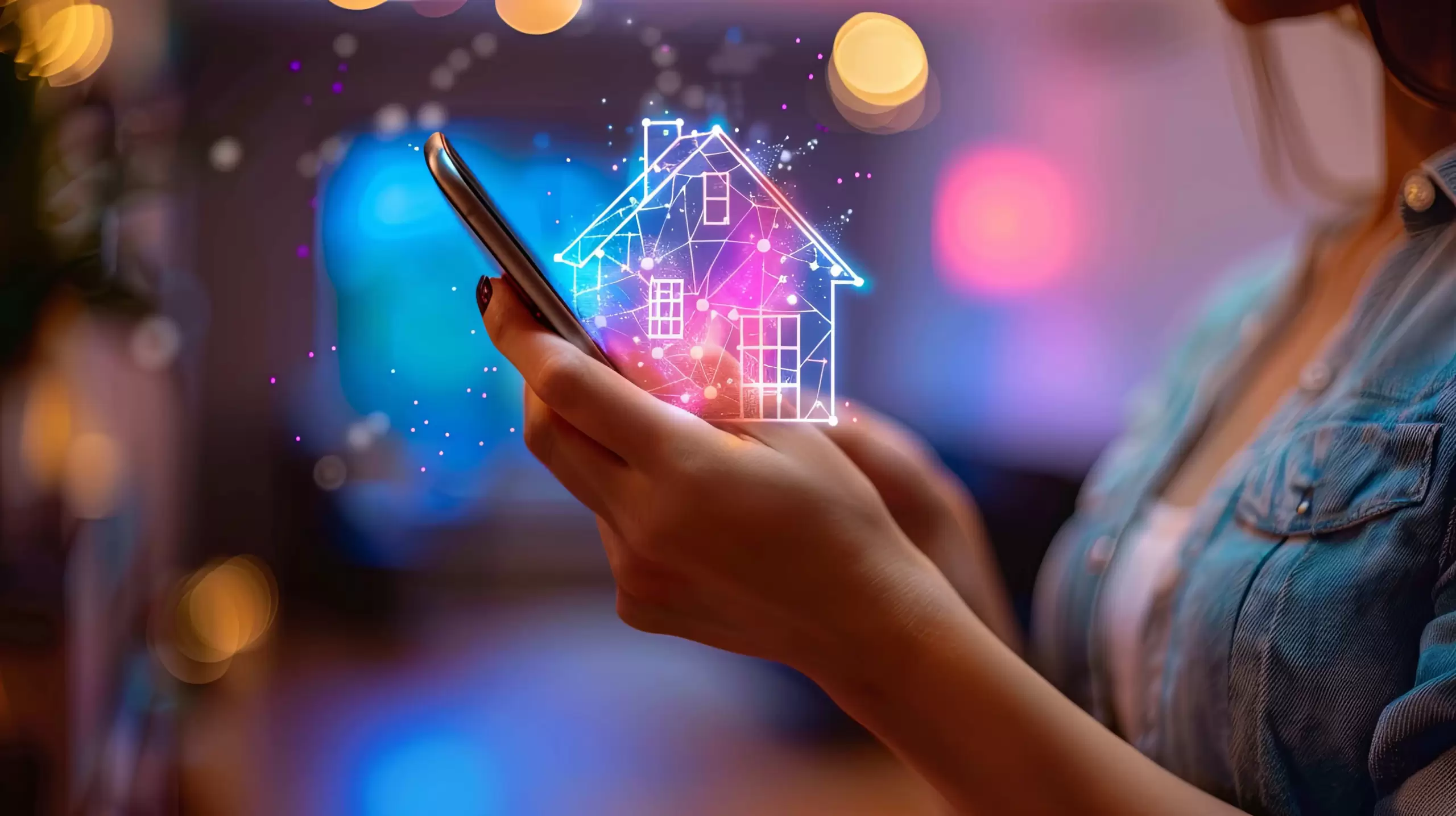 Pessoa utilizando smartphone com ilustração digital de uma casa, representando estratégias de marketing imobiliário para divulgação de empreendimentos.