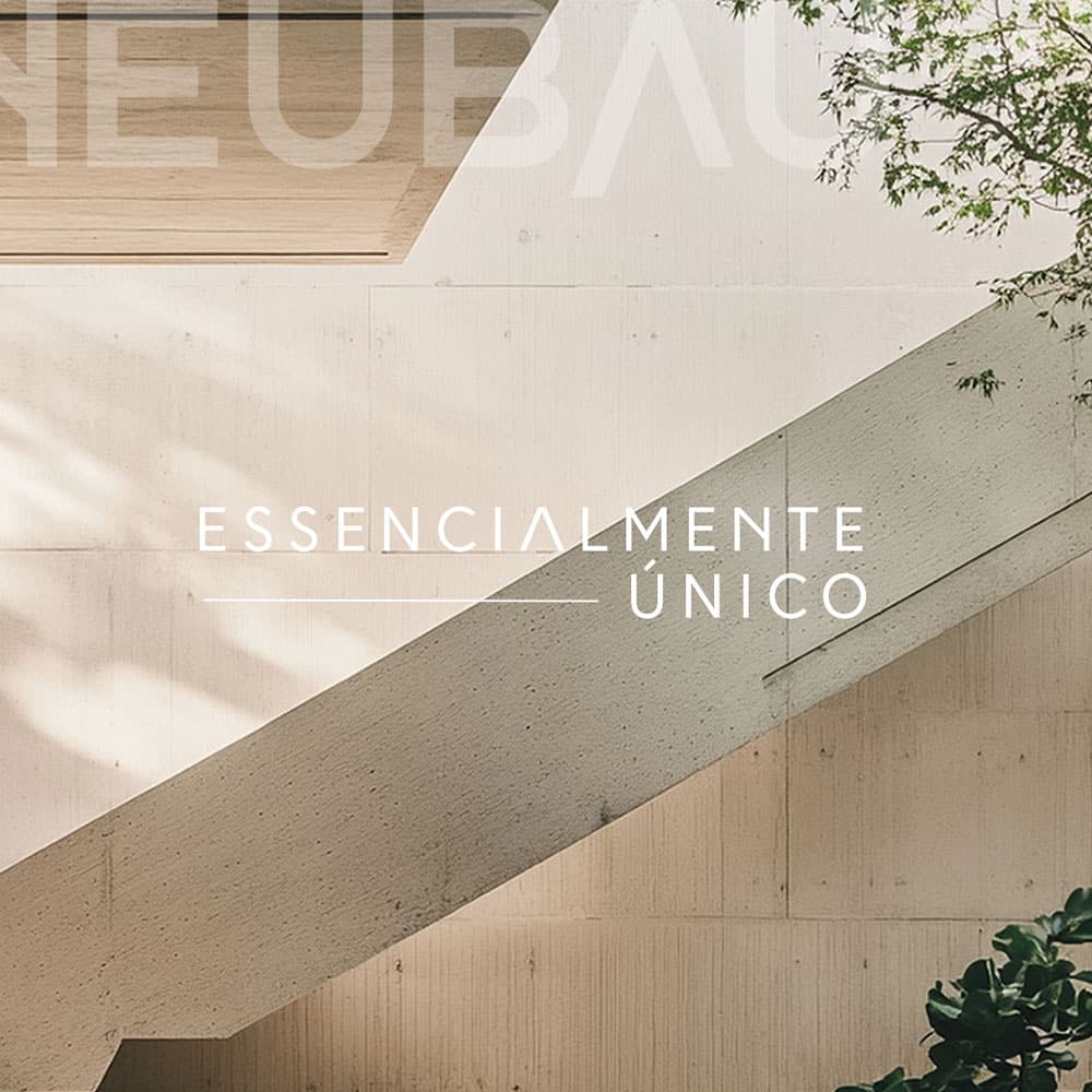 imagem arquitetônica minimalista e em tons de bege com uma escada que corta a fotografia na diagonal e, no centro, o slogan de reposicionamento de marca da Neubau: essencialmente único