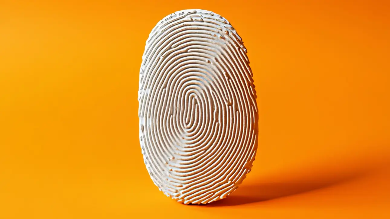 Ilustração minimalista de uma impressão digital branca sobre um fundo laranja vibrante, simbolizando uma identidade de marca única.