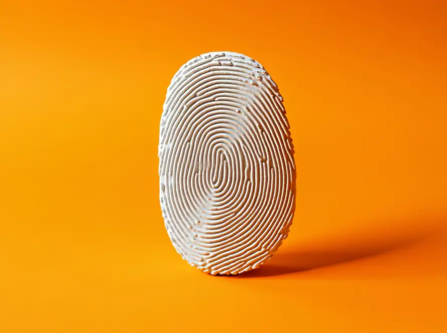 Ilustração minimalista de uma impressão digital branca sobre um fundo laranja vibrante, simbolizando uma identidade de marca única.