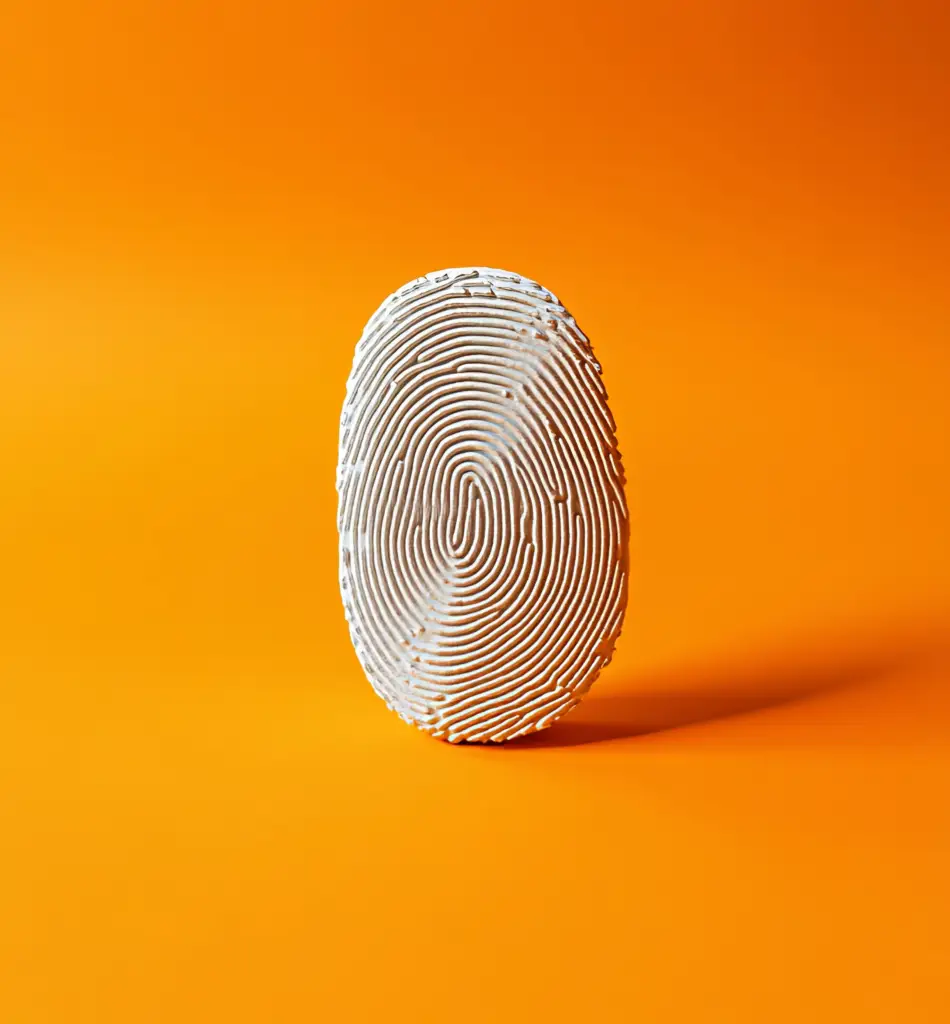 Ilustração minimalista de uma impressão digital branca sobre um fundo laranja vibrante, simbolizando uma identidade de marca única.